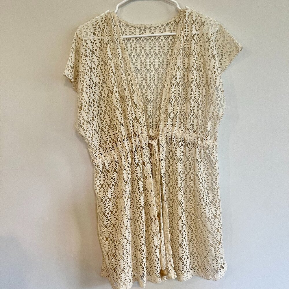 Boho Cream Crochet Lace Beach Cover Up, Open front, Beaded Cinch Waist Strap